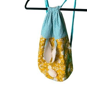 Easter Drawstring Bag Bunny Hand Made Bunny Ears and Cotton tail floral Polkadot